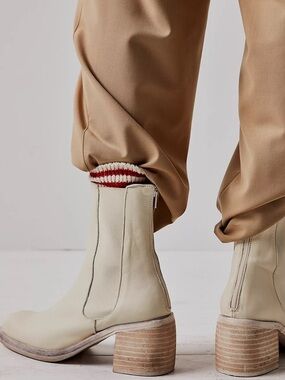 Free People Cream Leather Block Heel Ankle Boots